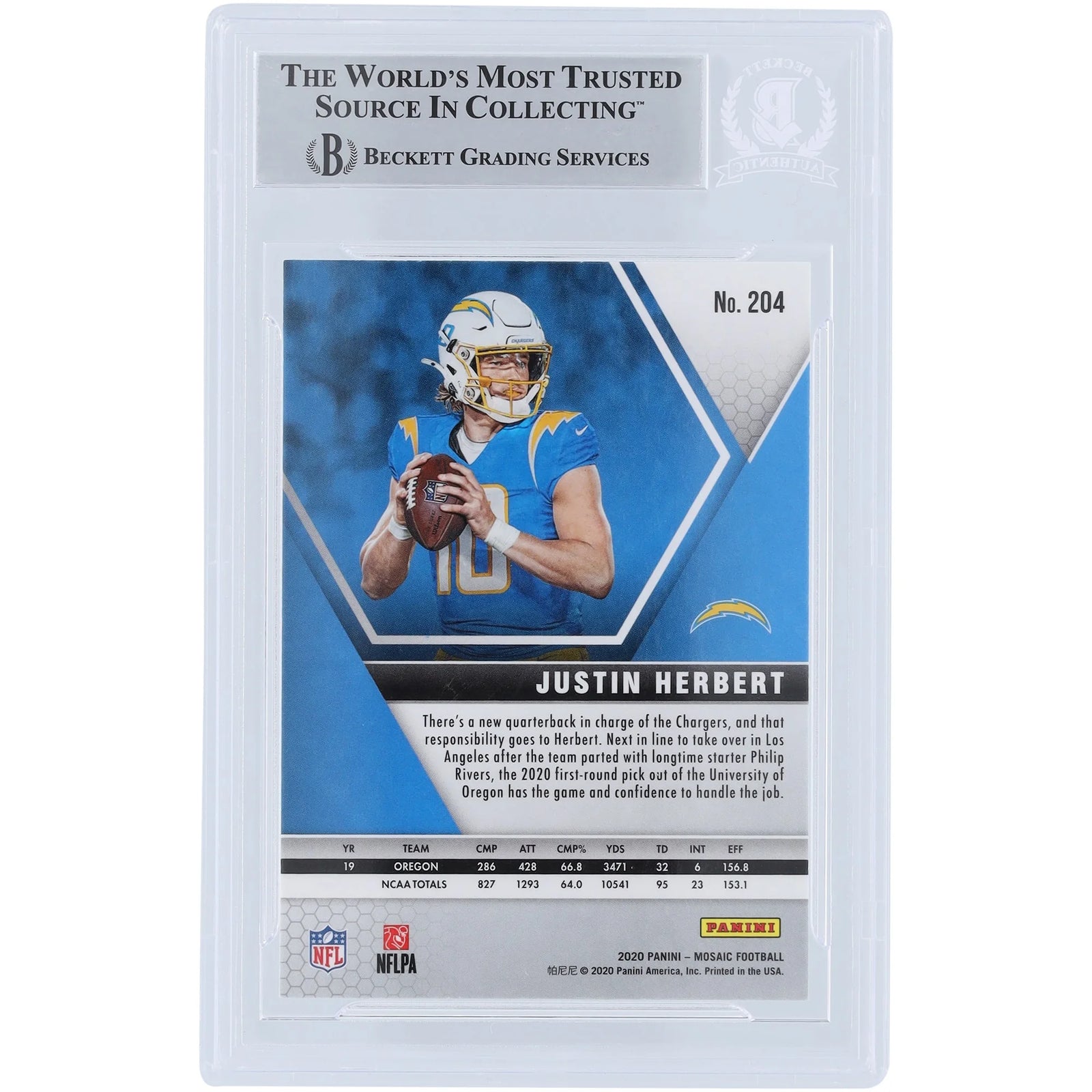 Justin Herbert Los Angeles Chargers Autographed 2020 Panini Mosaic #204 Beckett Fanatics Witnessed Authenticated Rookie Card - F2