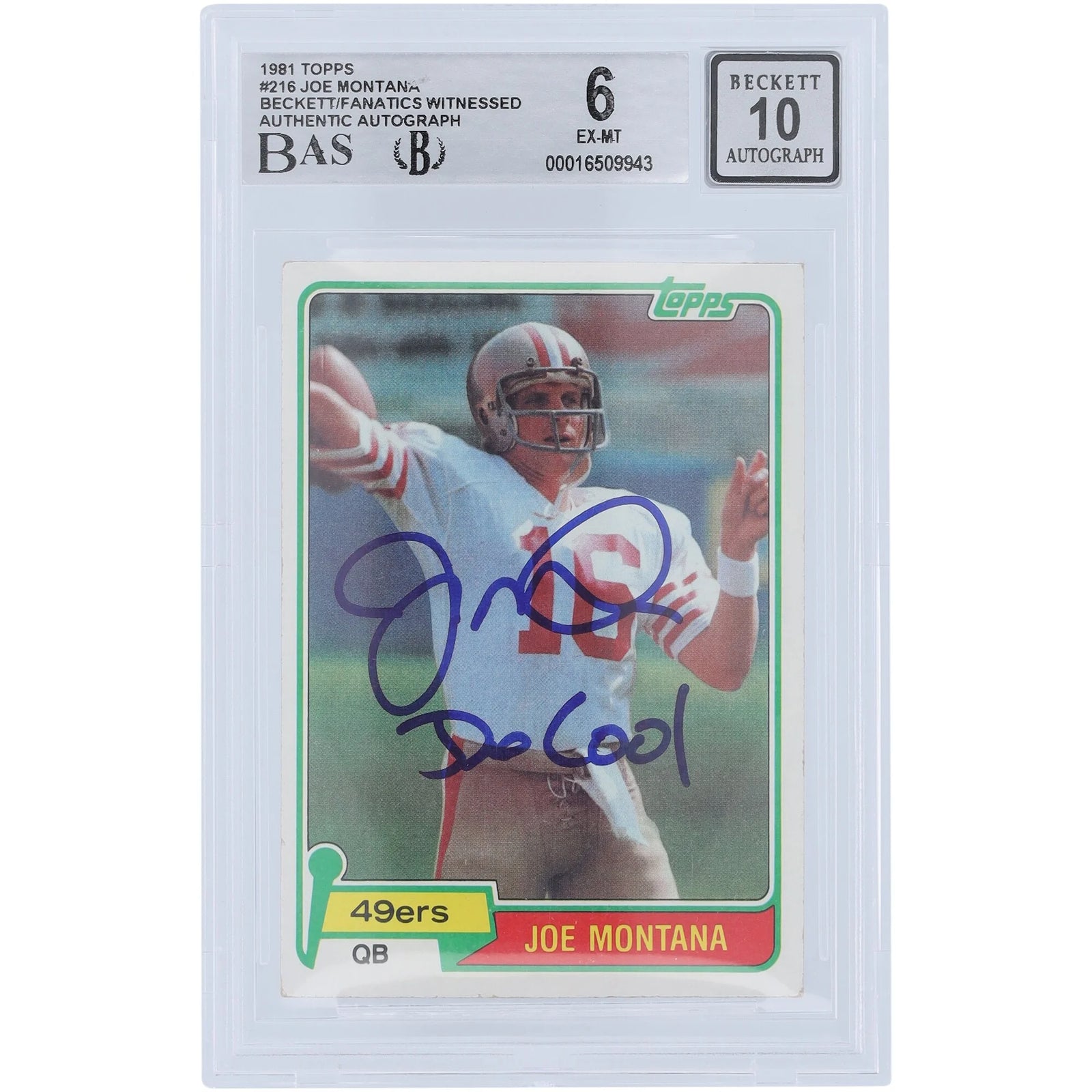 Joe Montana Signed 1981 Topps #216 Rookie Card | Beckett 6/10 with Joe Cool Inscription
