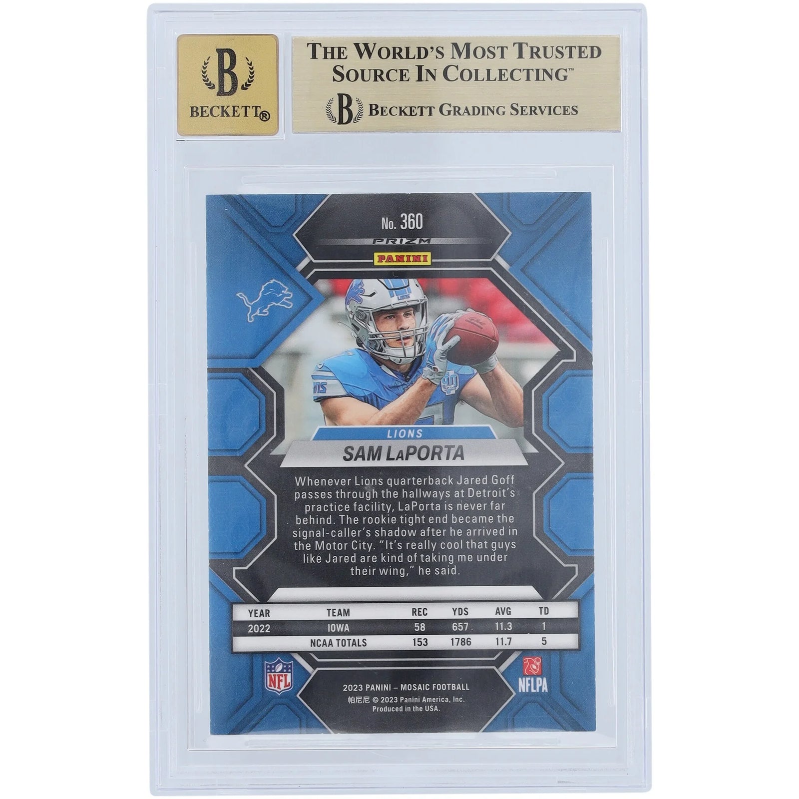 Sam LaPorta Signed 2023 Panini Mosaic #360 Rookie Card | Beckett 9.5