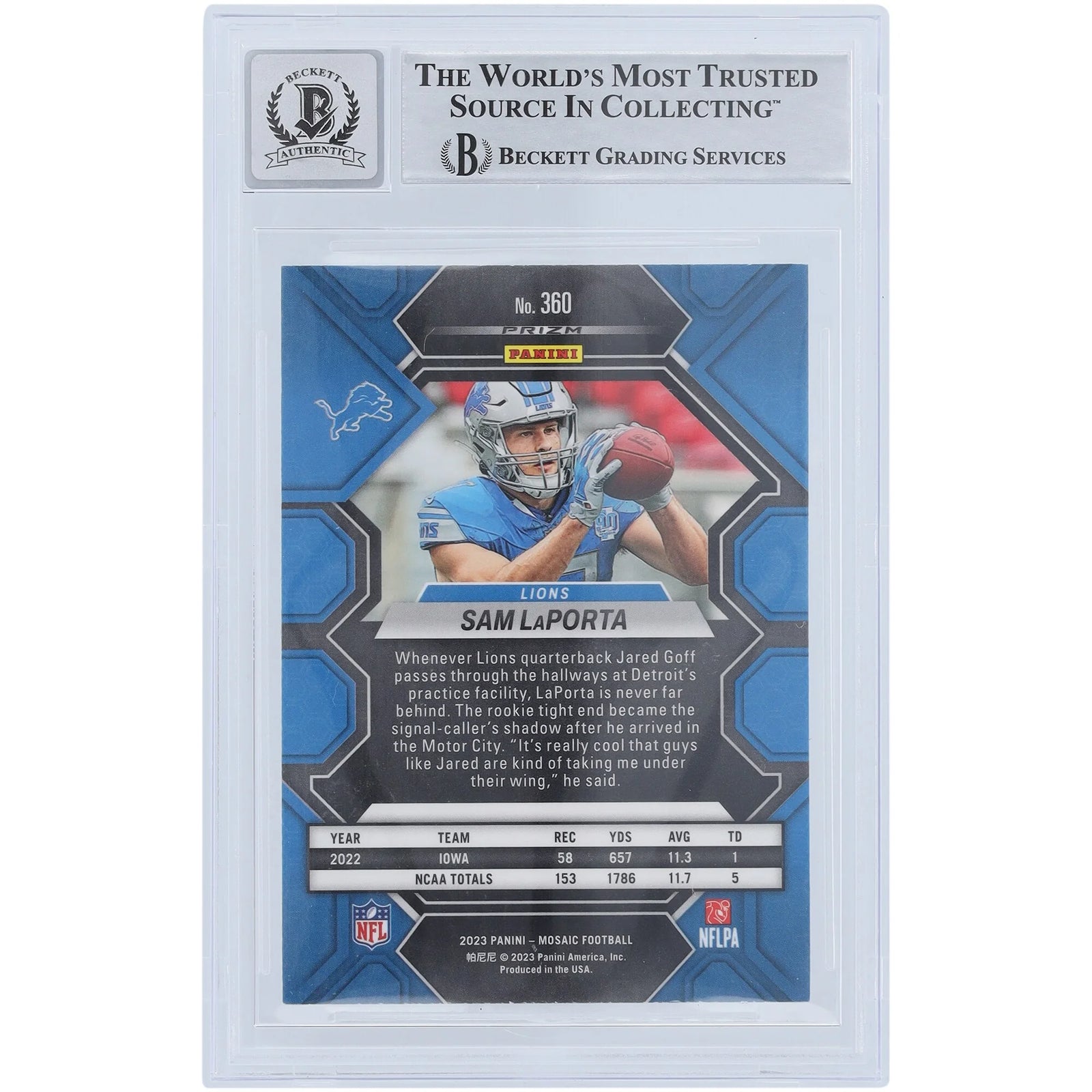 Sam LaPorta Signed 2023 Panini Mosaic #360 Rookie Card | Beckett 9