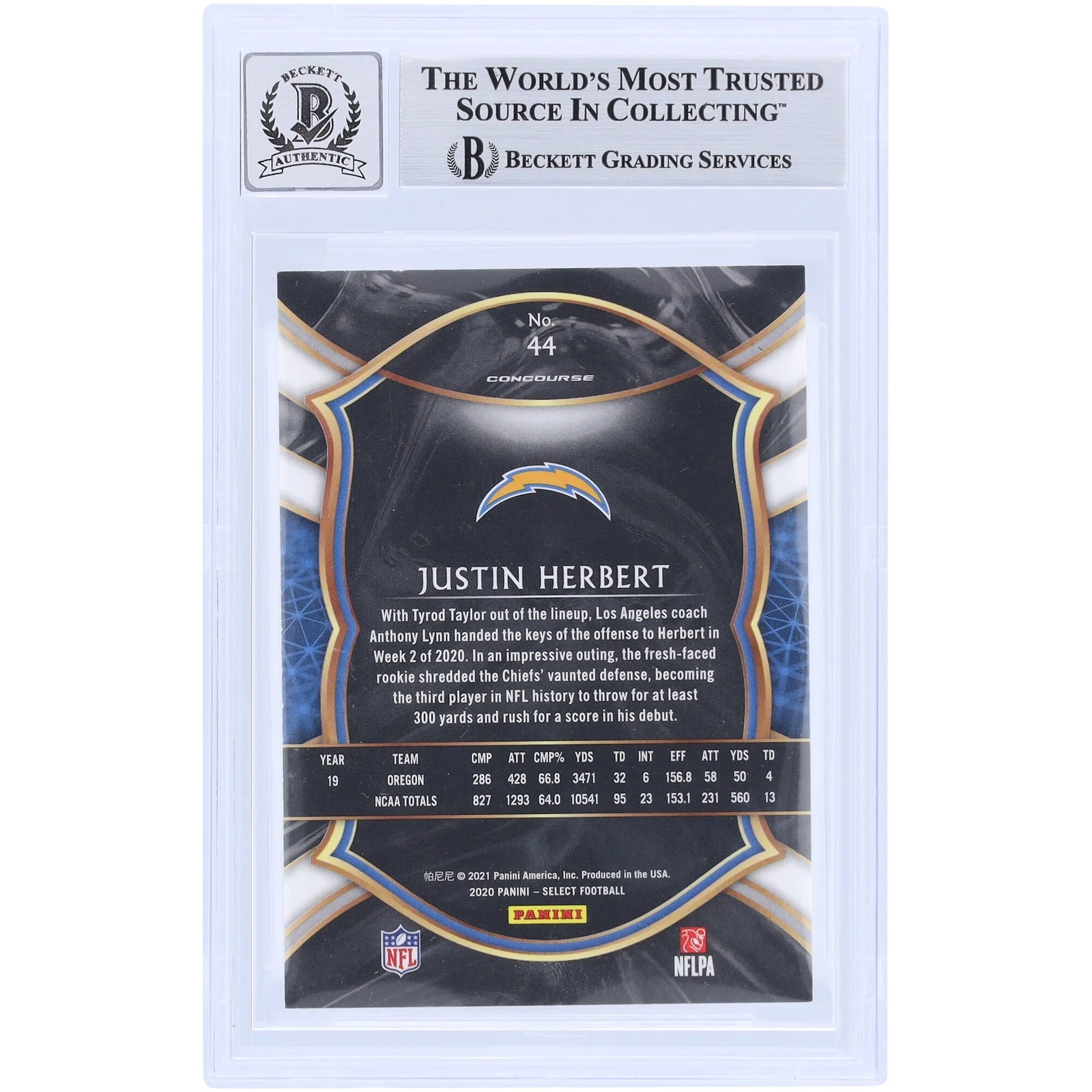 Justin Herbert Signed 2020 Panini Select #44 Rookie Card | 2020 OROY Inscription