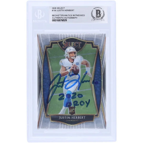Justin Herbert Los Angeles Chargers Autographed 2020 Panini Select #144 Beckett Fanatics Witnessed Authenticated Rookie Card with "2020 OROY" Inscription - F2