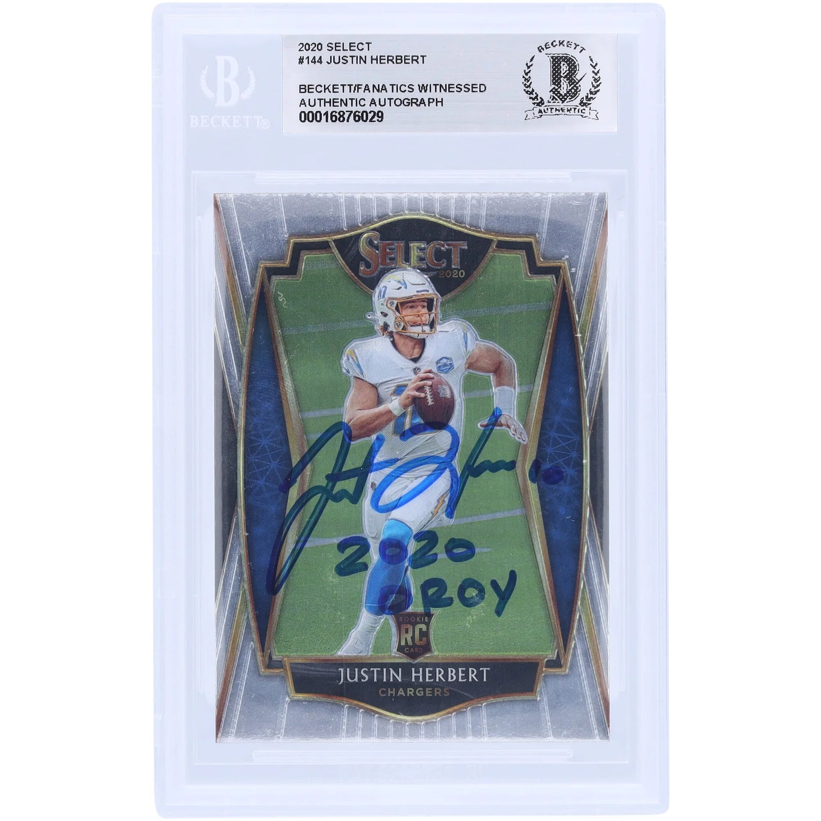 Justin Herbert Los Angeles Chargers Autographed 2020 Panini Select #144 Beckett Fanatics Witnessed Authenticated Rookie Card with "2020 OROY" Inscription - F2