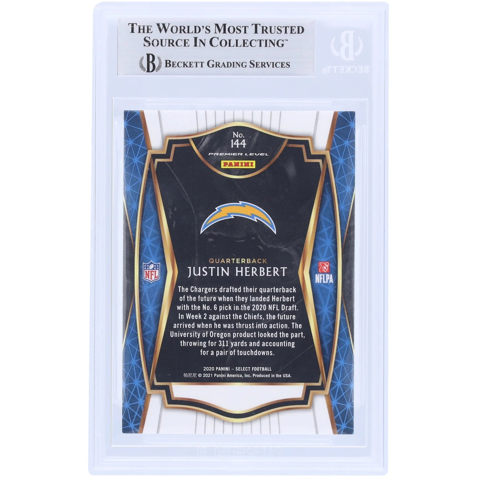 Justin Herbert Los Angeles Chargers Autographed 2020 Panini Select #144 Beckett Fanatics Witnessed Authenticated Rookie Card with "2020 OROY" Inscription - F2