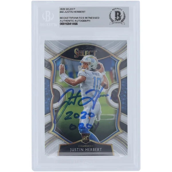 Justin Herbert Los Angeles Chargers Autographed 2020 Panini Select #44 Beckett Fanatics Witnessed Authenticated Rookie Card with "2020 OROY" Inscription - F2
