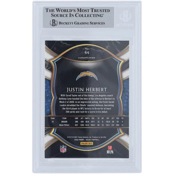 Justin Herbert Los Angeles Chargers Autographed 2020 Panini Select #44 Beckett Fanatics Witnessed Authenticated Rookie Card with "2020 OROY" Inscription - F2