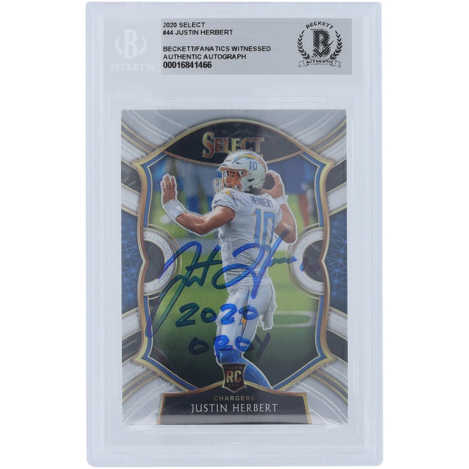Justin Herbert Los Angeles Chargers Autographed 2020 Panini Select #44 Beckett Fanatics Witnessed Authenticated Rookie Card with "2020 OROY" Inscription - F2