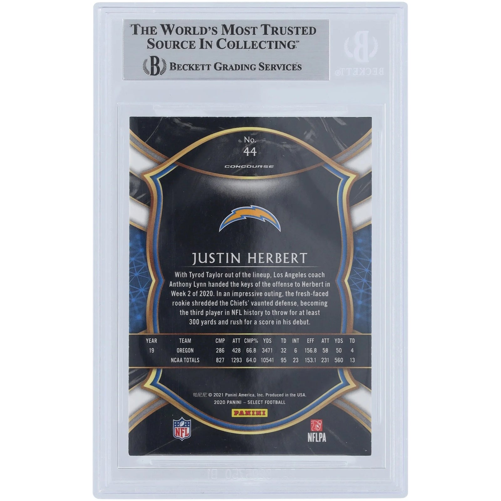 Justin Herbert Los Angeles Chargers Autographed 2020 Panini Select #44 Beckett Fanatics Witnessed Authenticated Rookie Card with "2020 OROY" Inscription - F2
