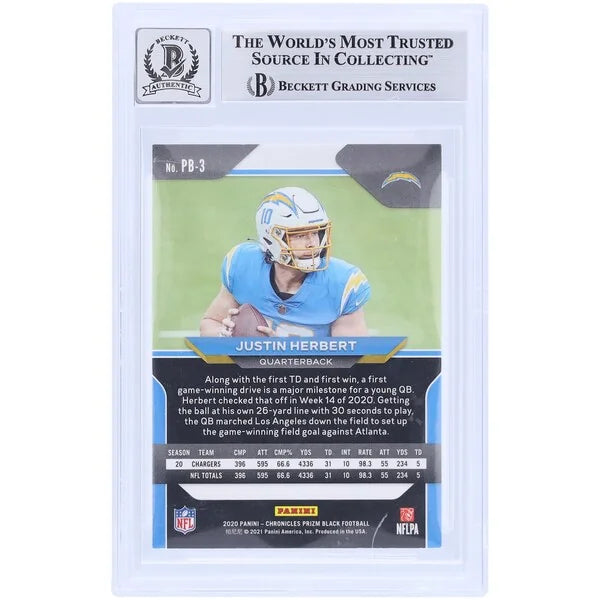 Justin Herbert Signed 2020 Panini Prizm Black Light Blue Rookie Card | Beckett Authenticat