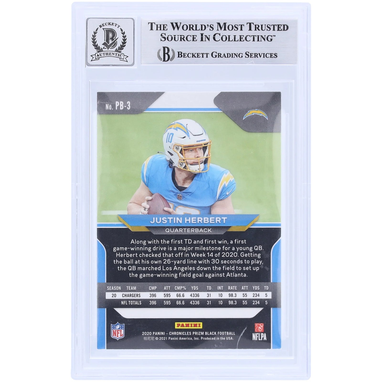 Justin Herbert Signed 2020 Panini Prizm Black Light Blue Rookie Card | Beckett Authenticat