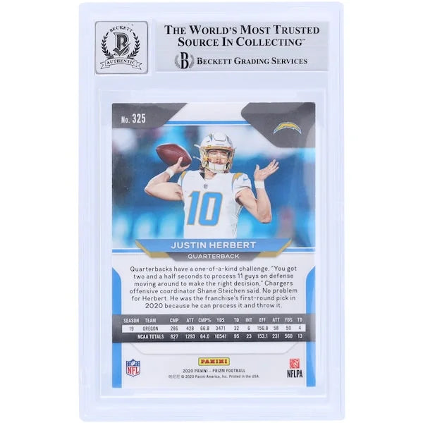 Justin Herbert Signed 2020 Panini Prizm Light Blue Ink Rookie #325 Card | Beckett 9