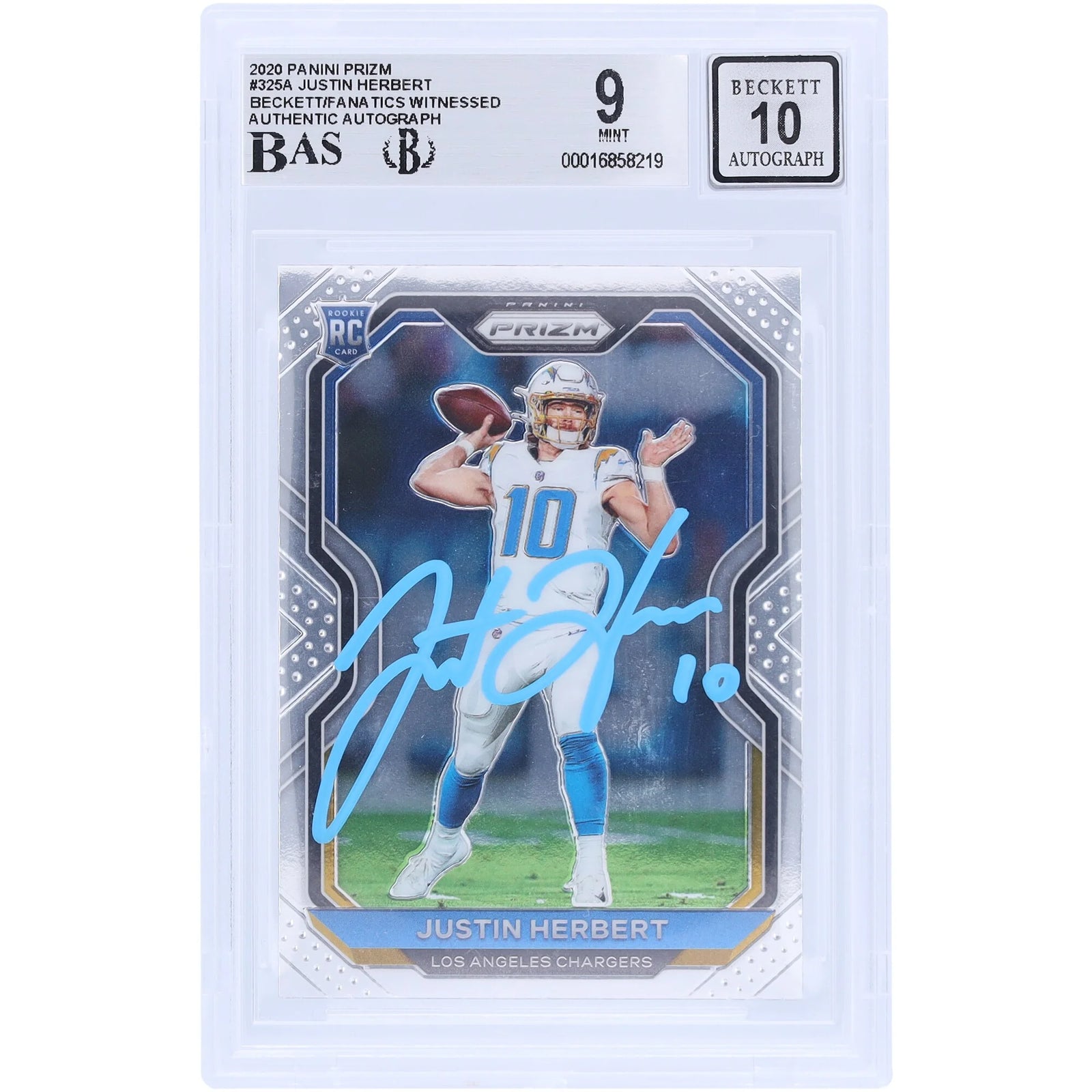 Justin Herbert Signed 2020 Panini Prizm Light Blue Ink Rookie #325 Card | Beckett 9