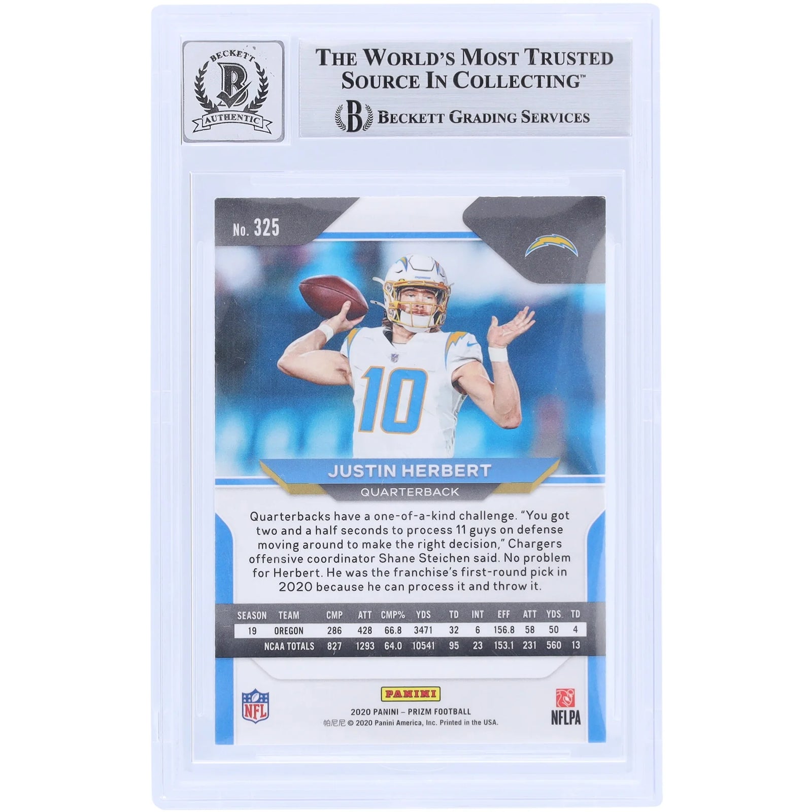 Justin Herbert Signed 2020 Panini Prizm Light Blue Ink Rookie #325 Card | Beckett 9