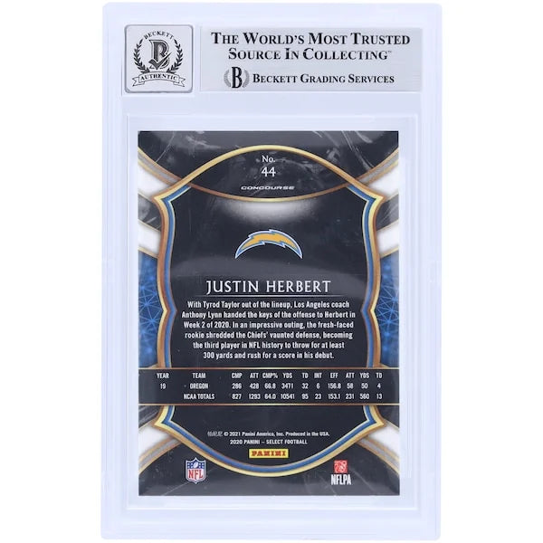 Justin Herbert Signed 2020 Panini Select Light Blue Ink Rookie #44 Card | Beckett Graded 9