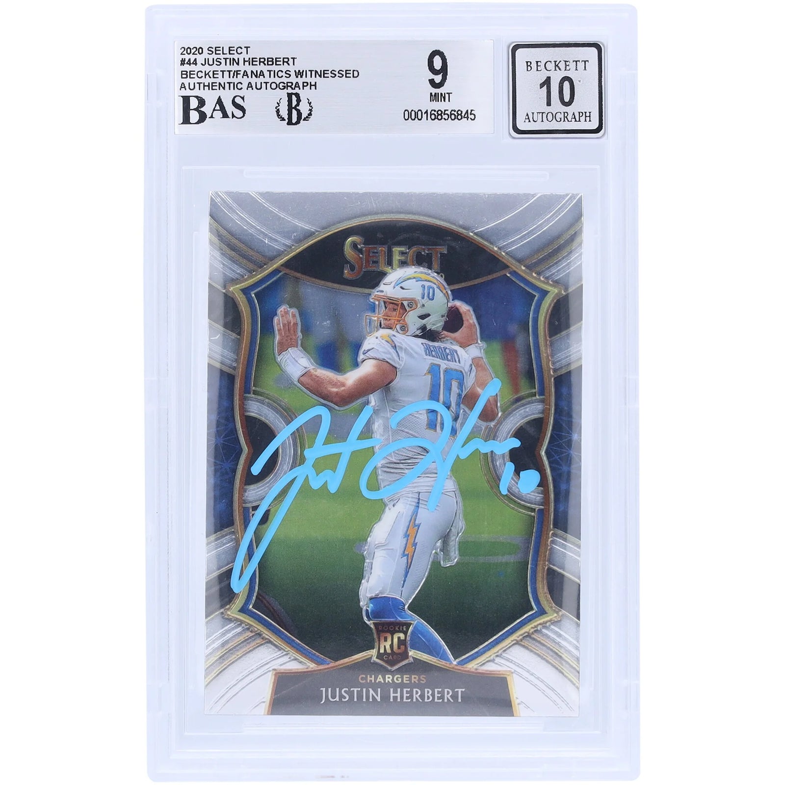 Justin Herbert Signed 2020 Panini Select Light Blue Ink Rookie #44 Card | Beckett Graded 9
