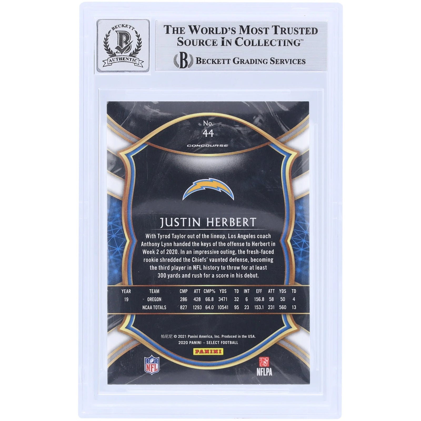 Justin Herbert Signed 2020 Panini Select Light Blue Ink Rookie #44 Card | Beckett Graded 9