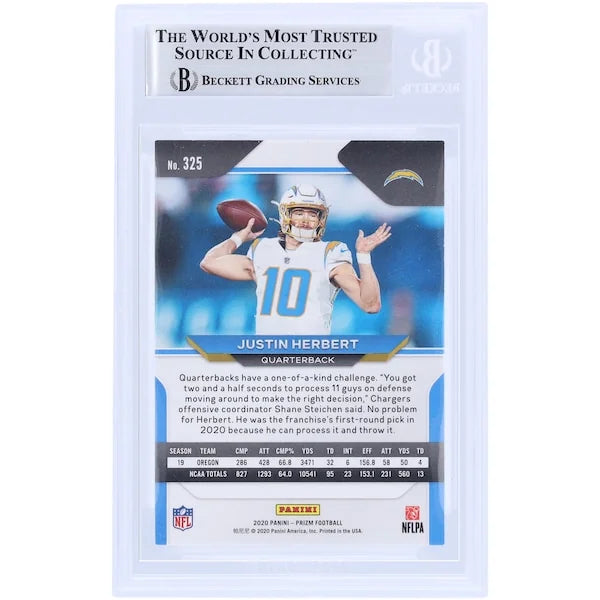 Justin Herbert Los Angeles Chargers Autographed 2020 Panini Prizm #325 Beckett Fanatics Witnessed Authenticated Rookie Card - F2