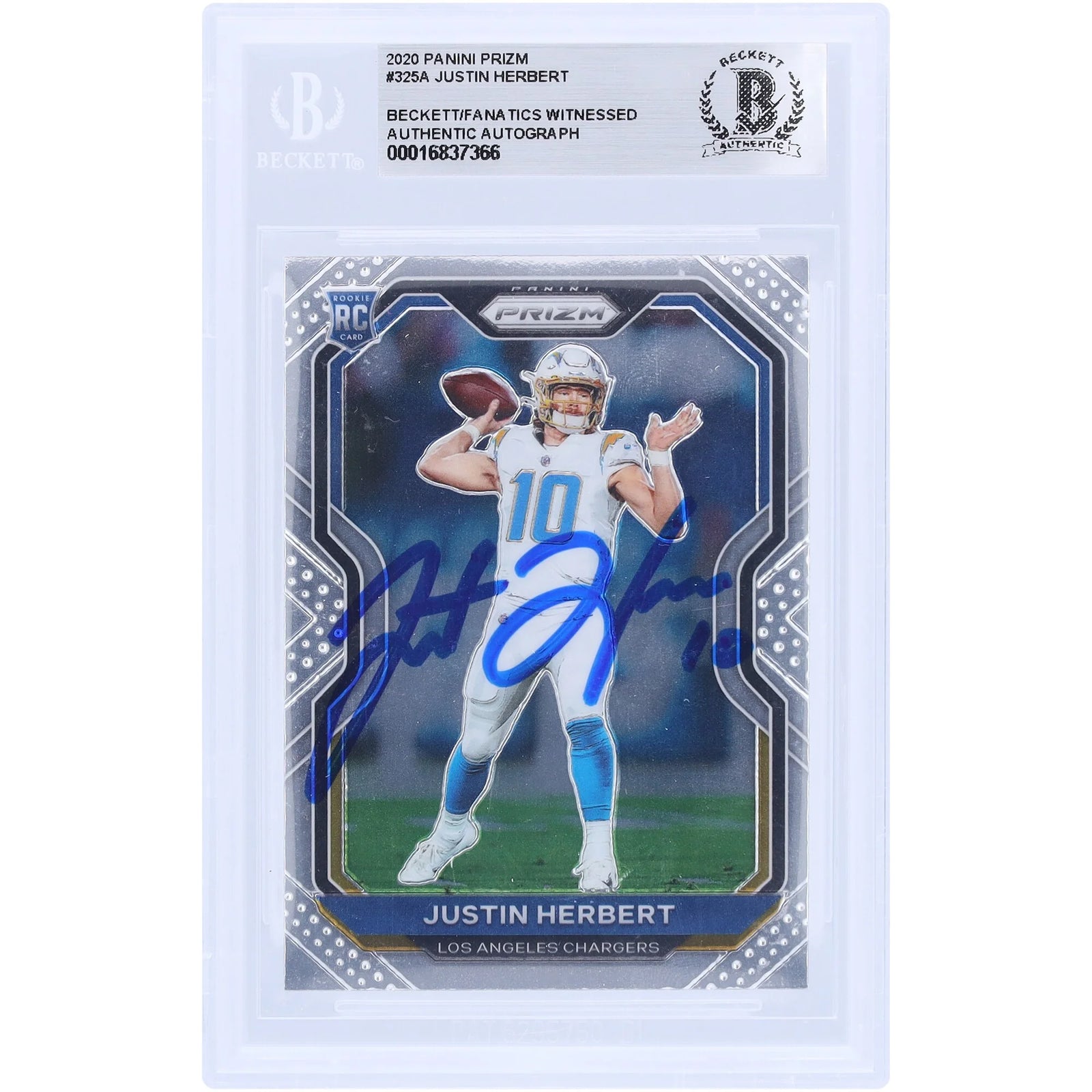 Justin Herbert Los Angeles Chargers Autographed 2020 Panini Prizm #325 Beckett Fanatics Witnessed Authenticated Rookie Card - F2