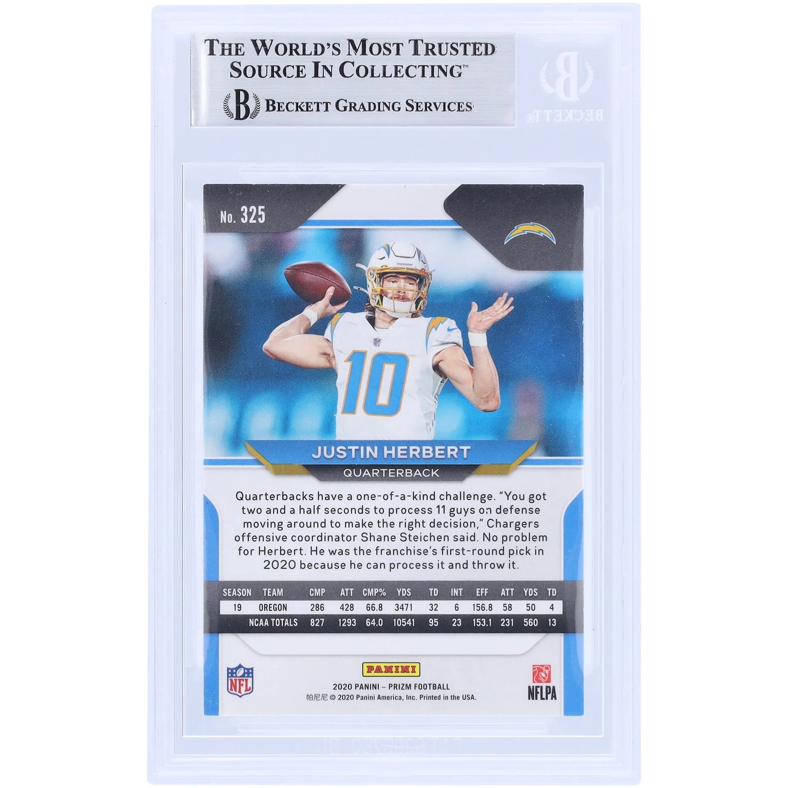 Justin Herbert Los Angeles Chargers Autographed 2020 Panini Prizm #325 Beckett Fanatics Witnessed Authenticated Rookie Card - F2