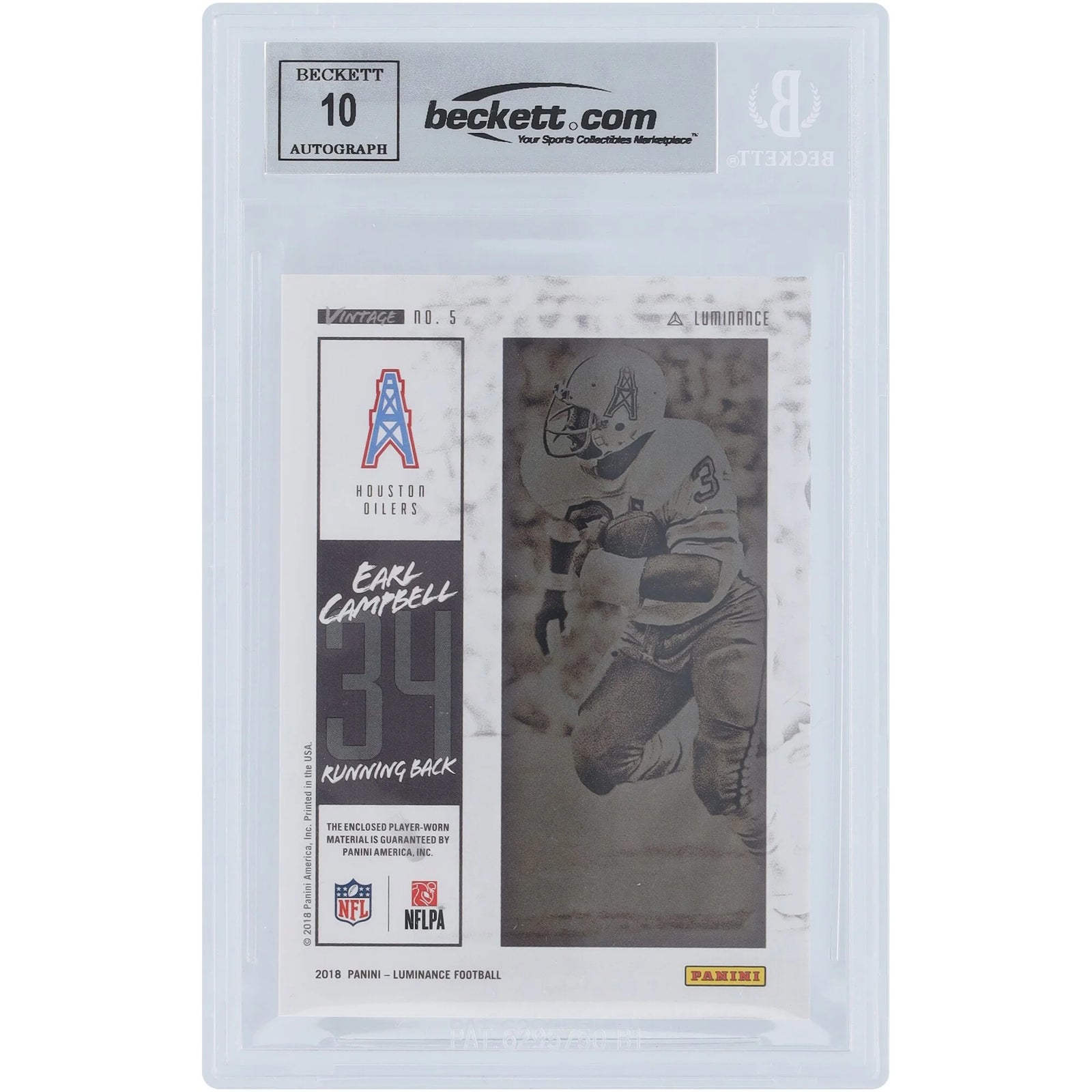 Earl Campbell Signed 2018 Panini Luminance #5 Card | Beckett 10 HOF 91
