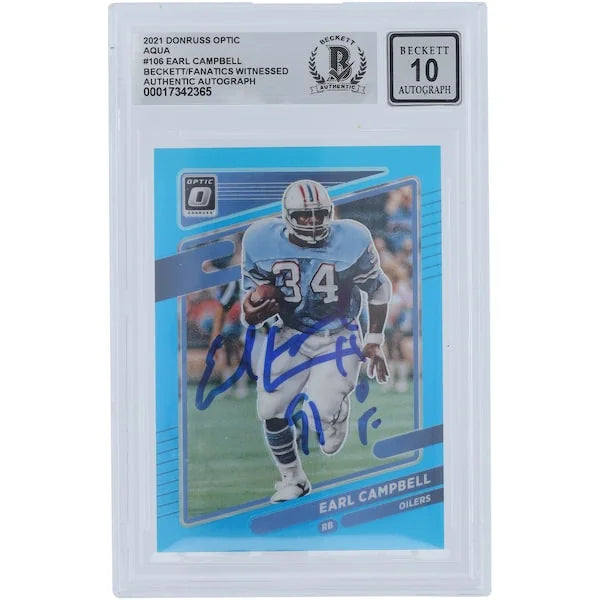 Earl Campbell Signed 2021 Panini Donruss Optic Aqua #106 | HOF 91 Inscription