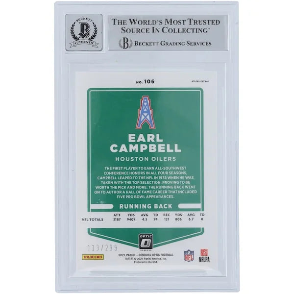 Earl Campbell Signed 2021 Panini Donruss Optic Aqua #106 | HOF 91 Inscription
