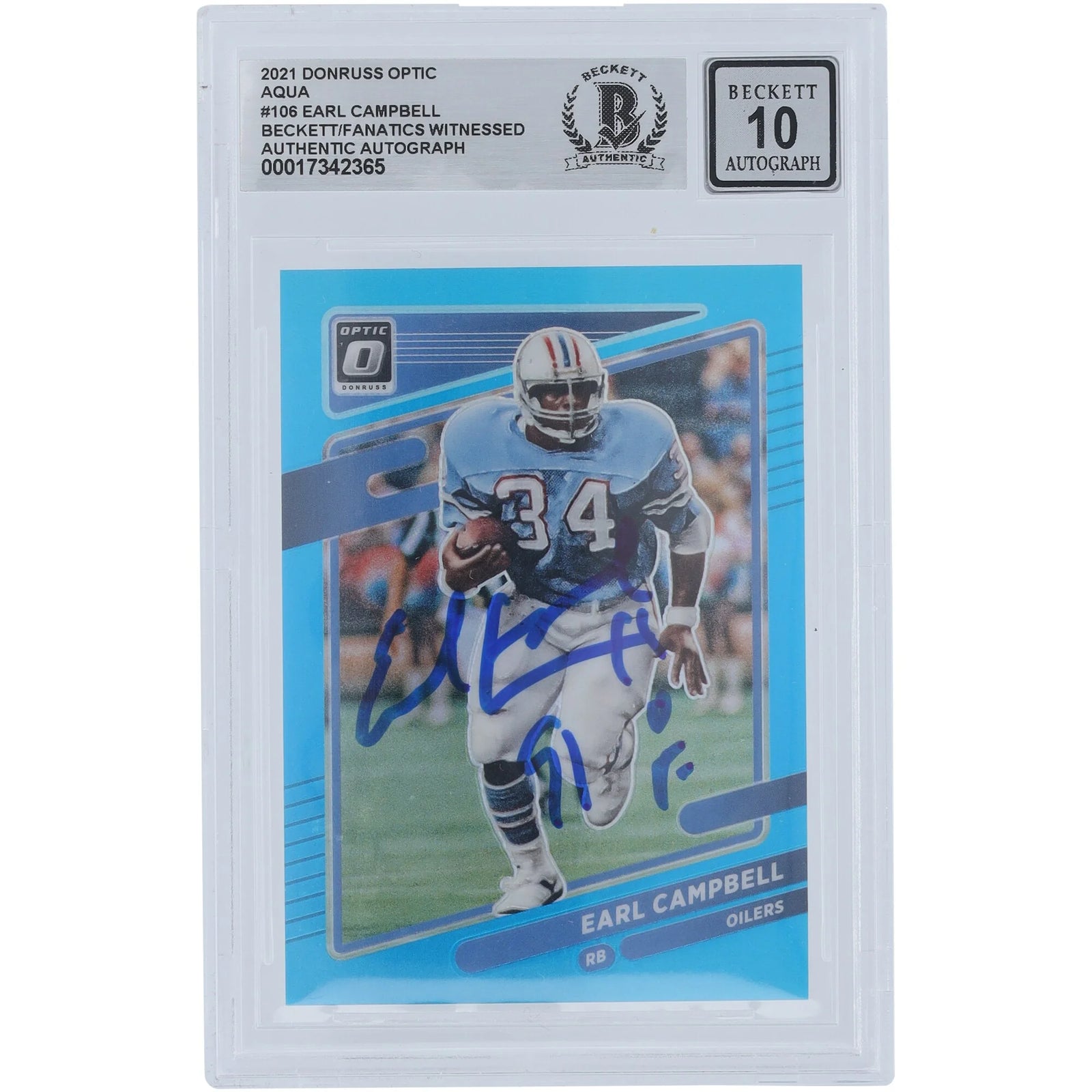Earl Campbell Signed 2021 Panini Donruss Optic Aqua #106 | HOF 91 Inscription