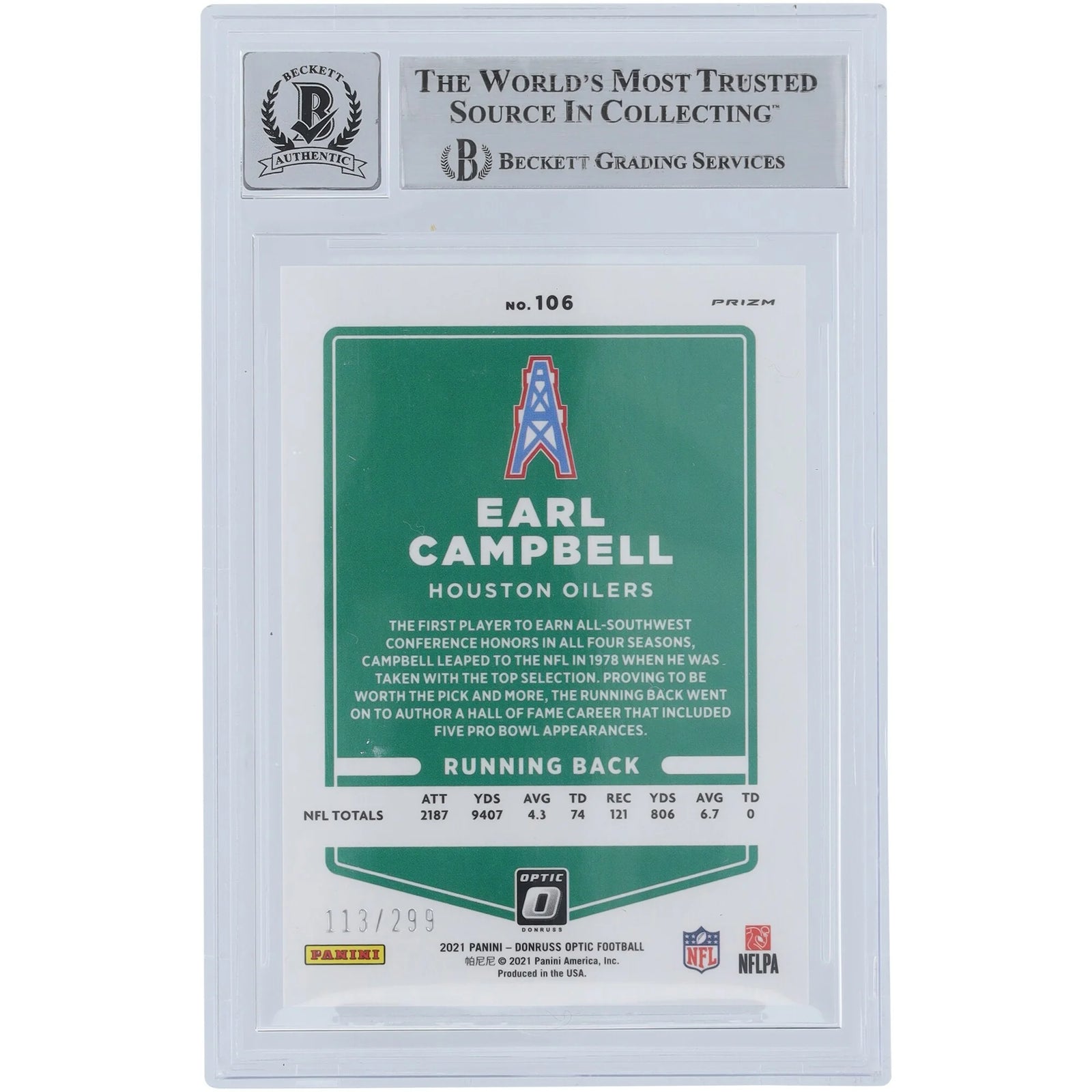 Earl Campbell Signed 2021 Panini Donruss Optic Aqua #106 | HOF 91 Inscription