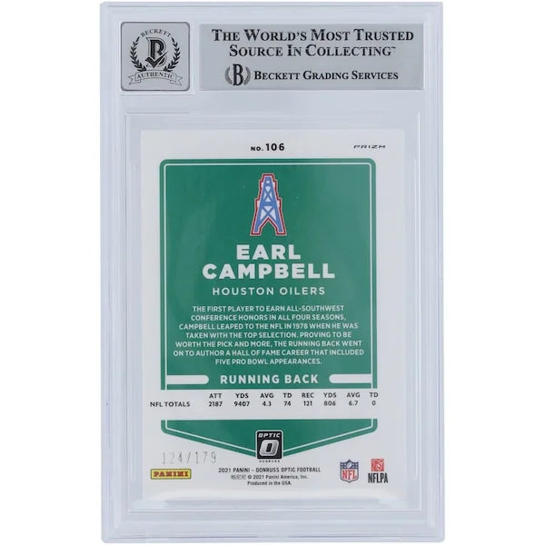 Earl Campbell Signed 2021 Panini Donruss Optic Blue #106 | HOF 91 Inscription