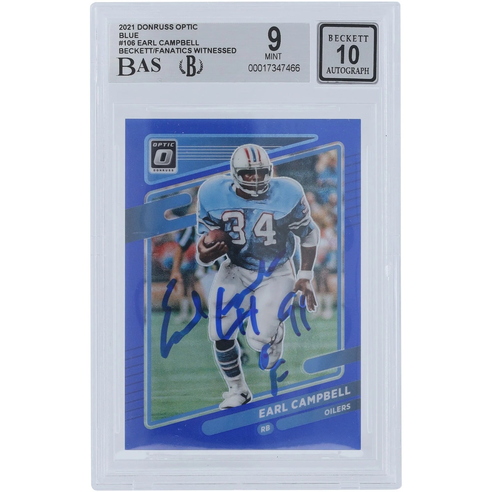 Earl Campbell Signed 2021 Panini Donruss Optic Blue #106 | HOF 91 Inscription