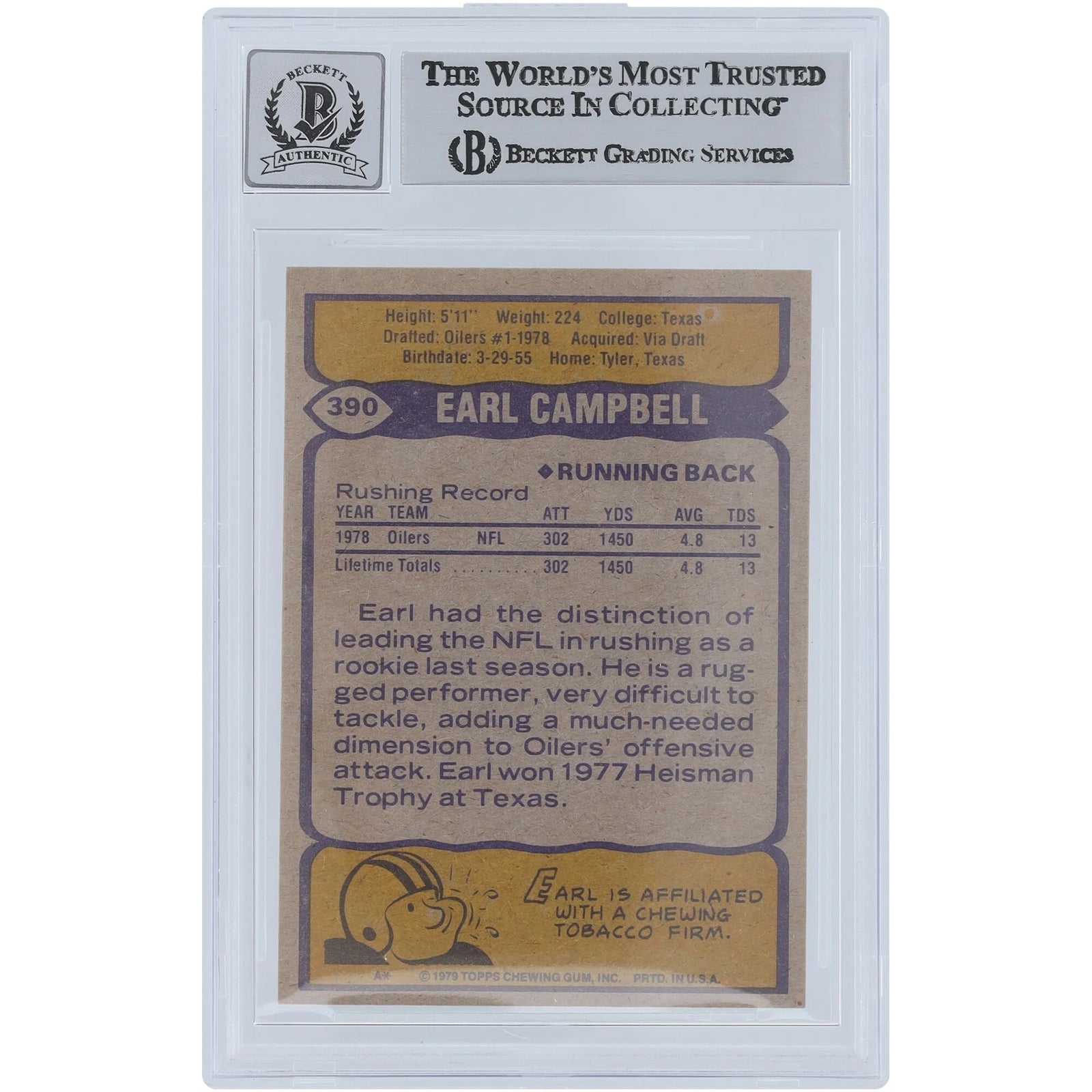 Earl Campbell Signed 1979 Topps #390 Rookie Card | Beckett Graded 6.5