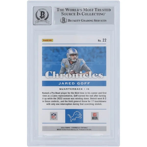 Jared Goff Signed 2022 Panini Chronicles Red Card #22 #/199 | Beckett 10