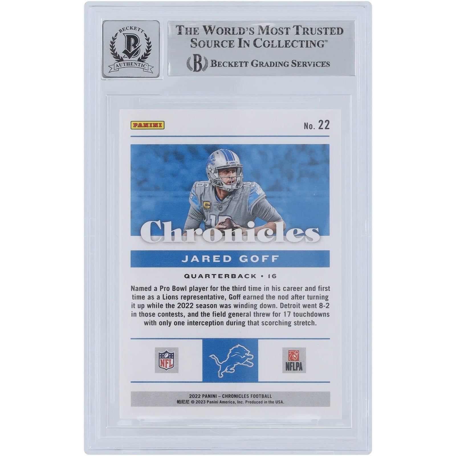 Jared Goff Signed 2022 Panini Chronicles Red Card #22 #/199 | Beckett 10