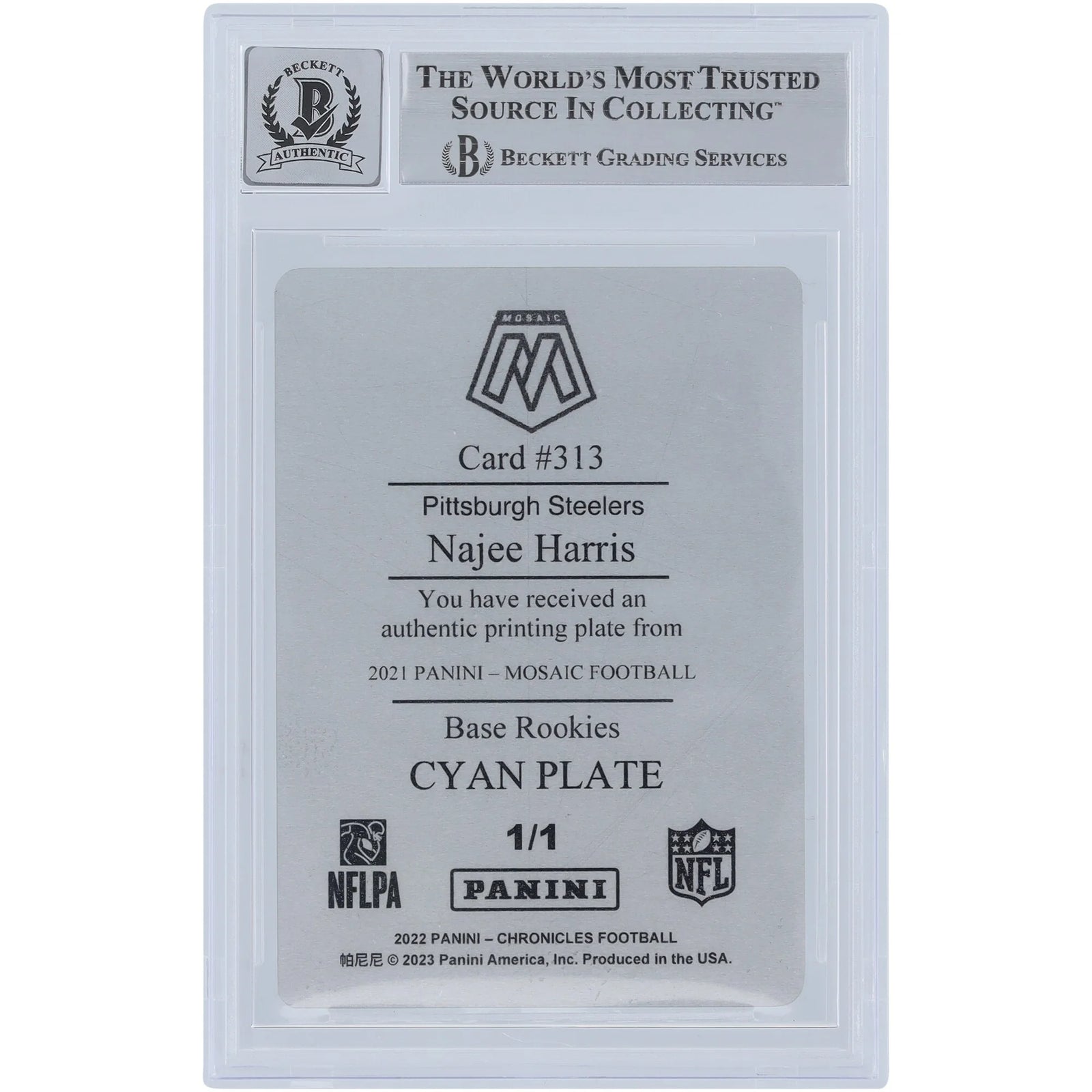 Najee Harris Signed 2021 Panini Mosaic Cyan Printing Plate | Beckett 10 Rookie