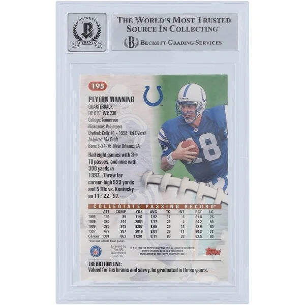 Peyton Manning Signed 1998 Topps Stadium Club #195 Rookie Card | HOF 21 Inscription