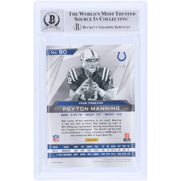 Peyton Manning Signed 2015 Panini Spectra #90 Card | Graded 10