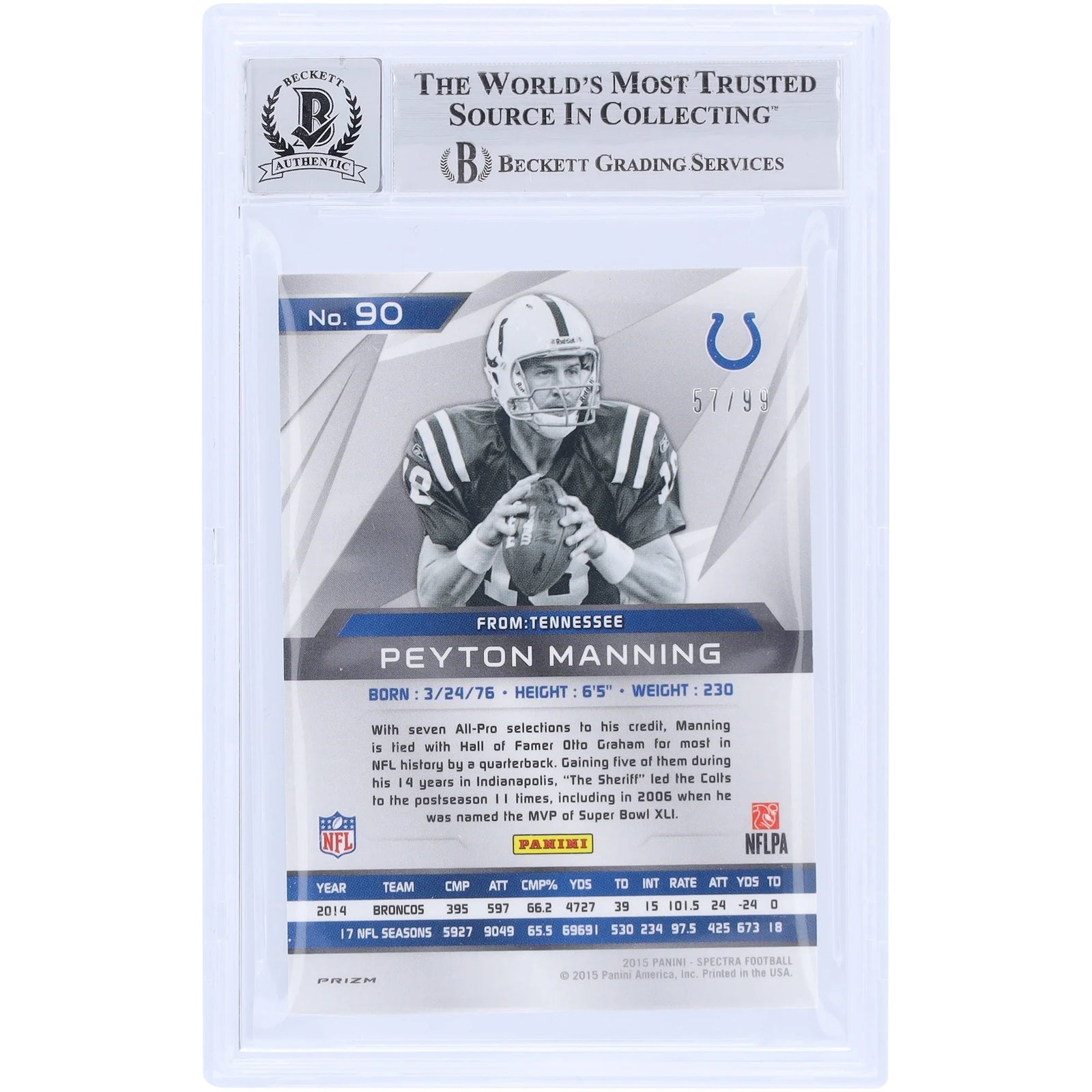 Peyton Manning Signed 2015 Panini Spectra #90 Card | Graded 10