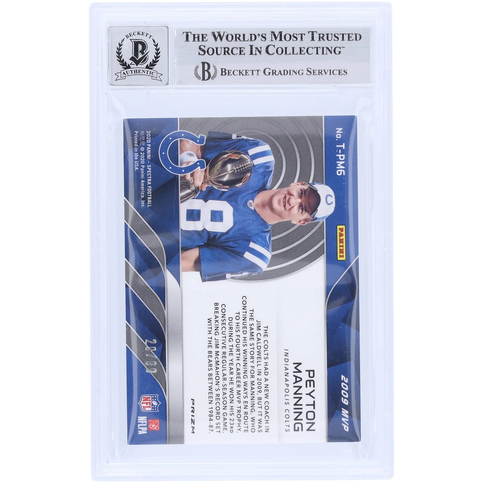 Peyton Manning Signed 2020 Panini Spectra Tribute 2009 Card | Beckett Graded 10