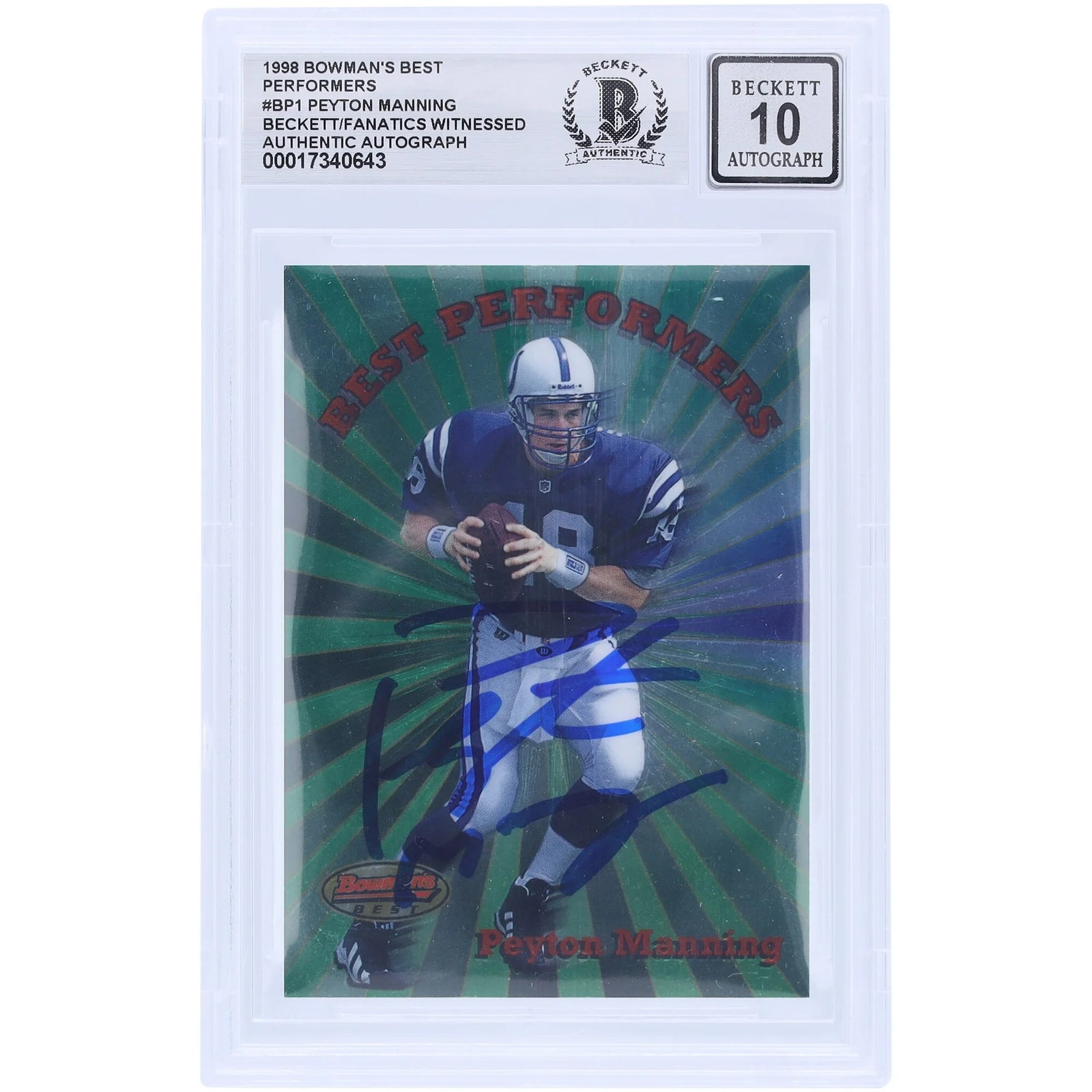Peyton Manning Signed 1998 Bowman's Best Performers #BP1 Rookie Card | Beckett 10