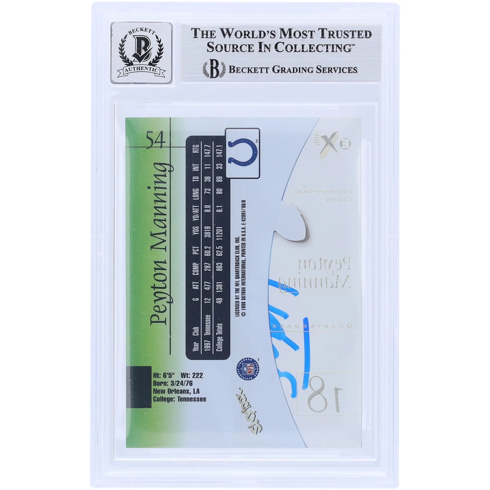 Peyton Manning Signed 1998 Skybox E-X2001 #54 Rookie Card | Beckett 9