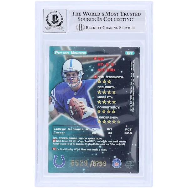 Peyton Manning Signed 1998 Topps Star #67 Rookie Card | Beckett Authenticated 10