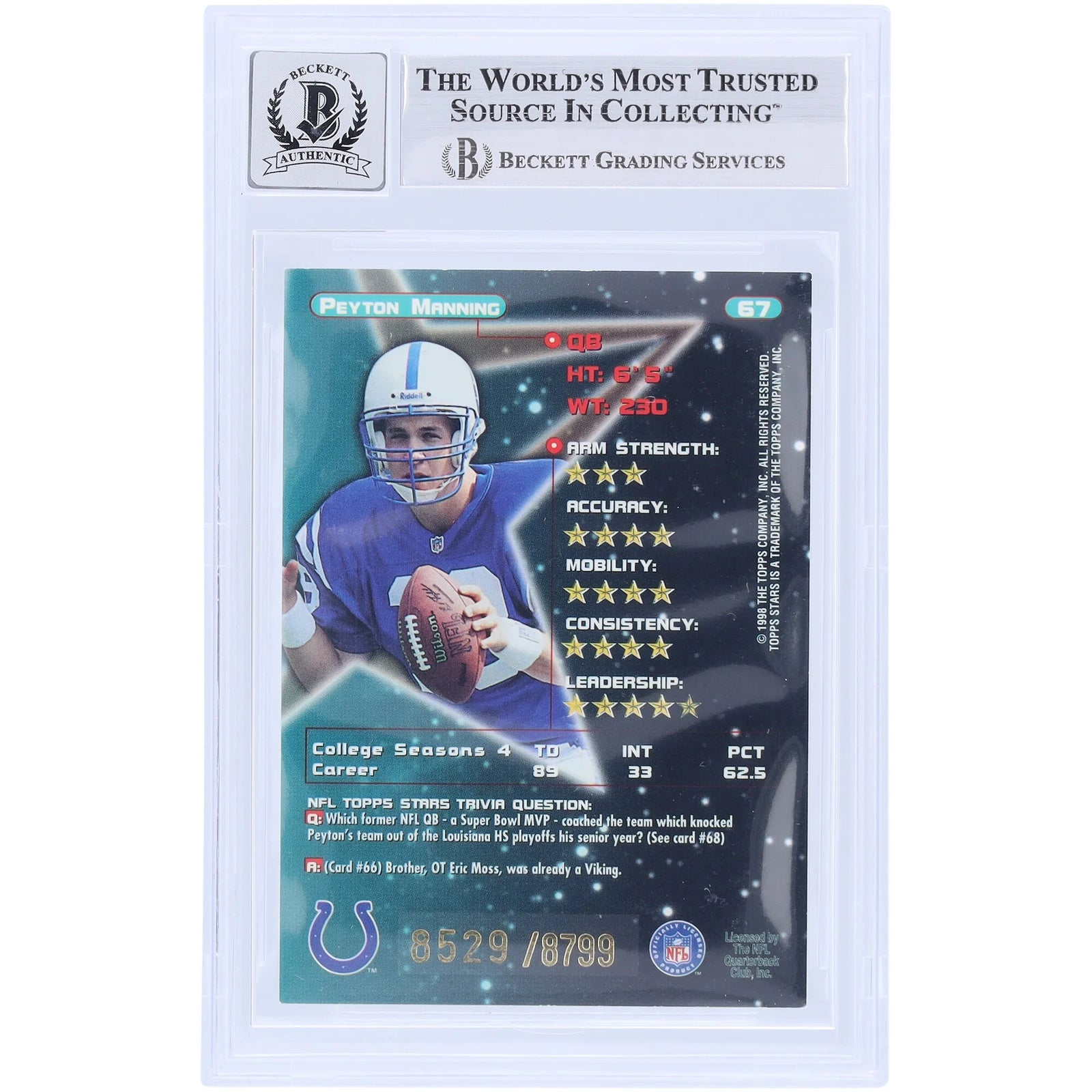 Peyton Manning Signed 1998 Topps Star #67 Rookie Card | Beckett Authenticated 10