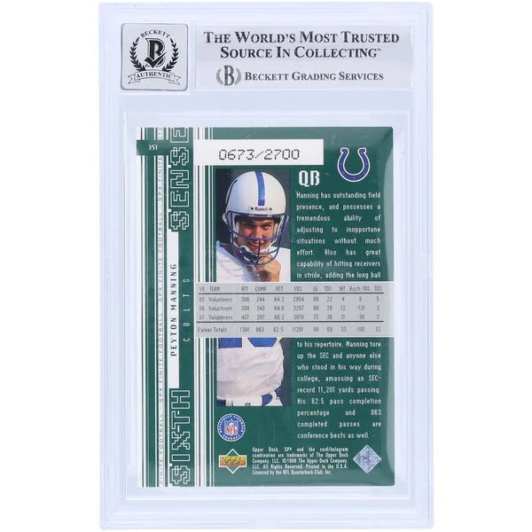 Peyton Manning Signed 1998 Upper Deck SPX Finite #351 Rookie Card | Beckett Authenticated