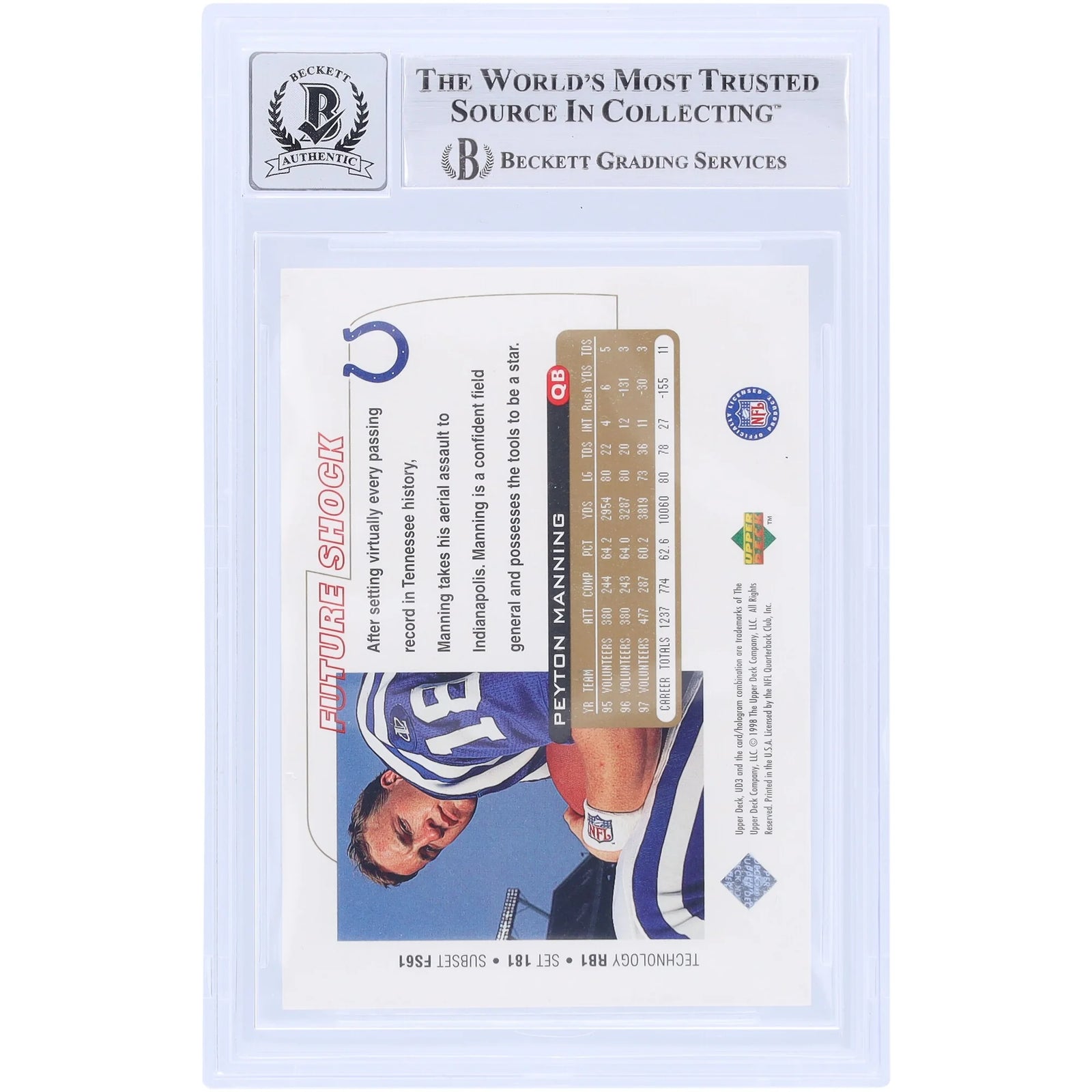 Peyton Manning Signed 1998 Upper Deck UD3 #181 Rookie Card | Beckett 10
