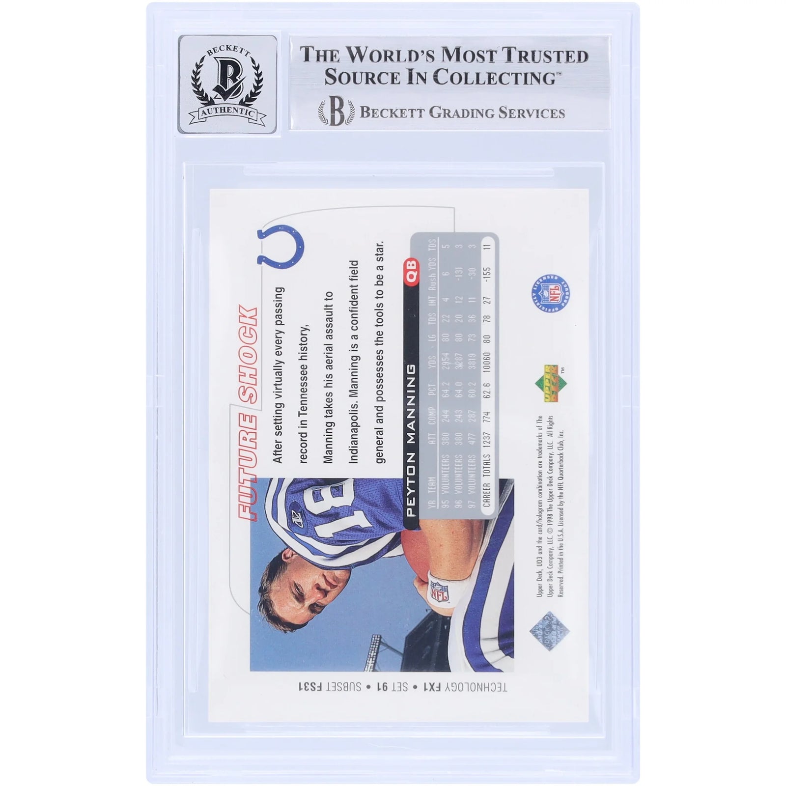 Peyton Manning Signed 1998 Upper Deck UD3 #91 Rookie Card | Beckett Graded 10