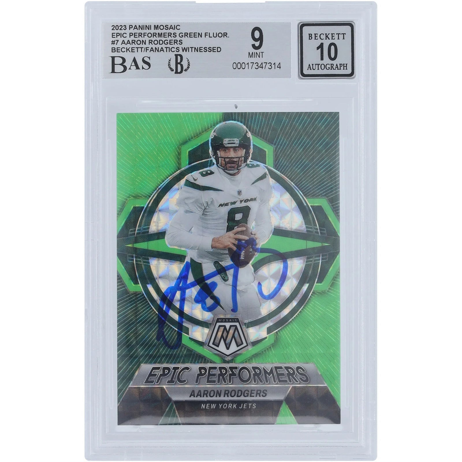 Aaron Rodgers Signed 2023 Panini Mosaic Green Fluorescent #10 Card | Beckett Authenticated