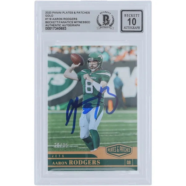 Aaron Rodgers Signed 2023 Panini Plates & Patches Gold #118 #/35 | Beckett 10
