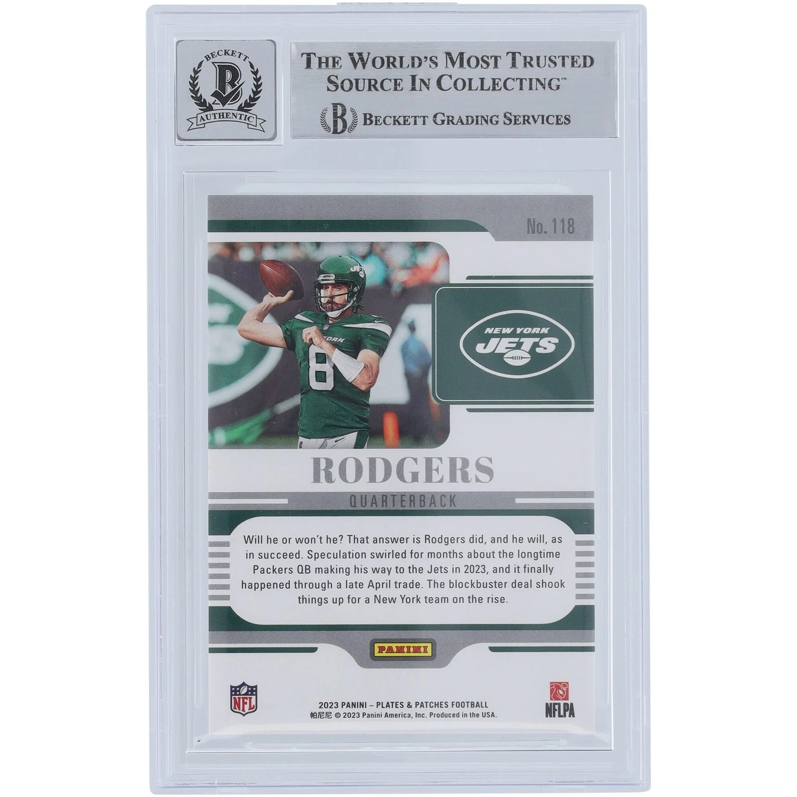 Aaron Rodgers Signed 2023 Panini Plates & Patches Gold #118 #/35 | Beckett 10