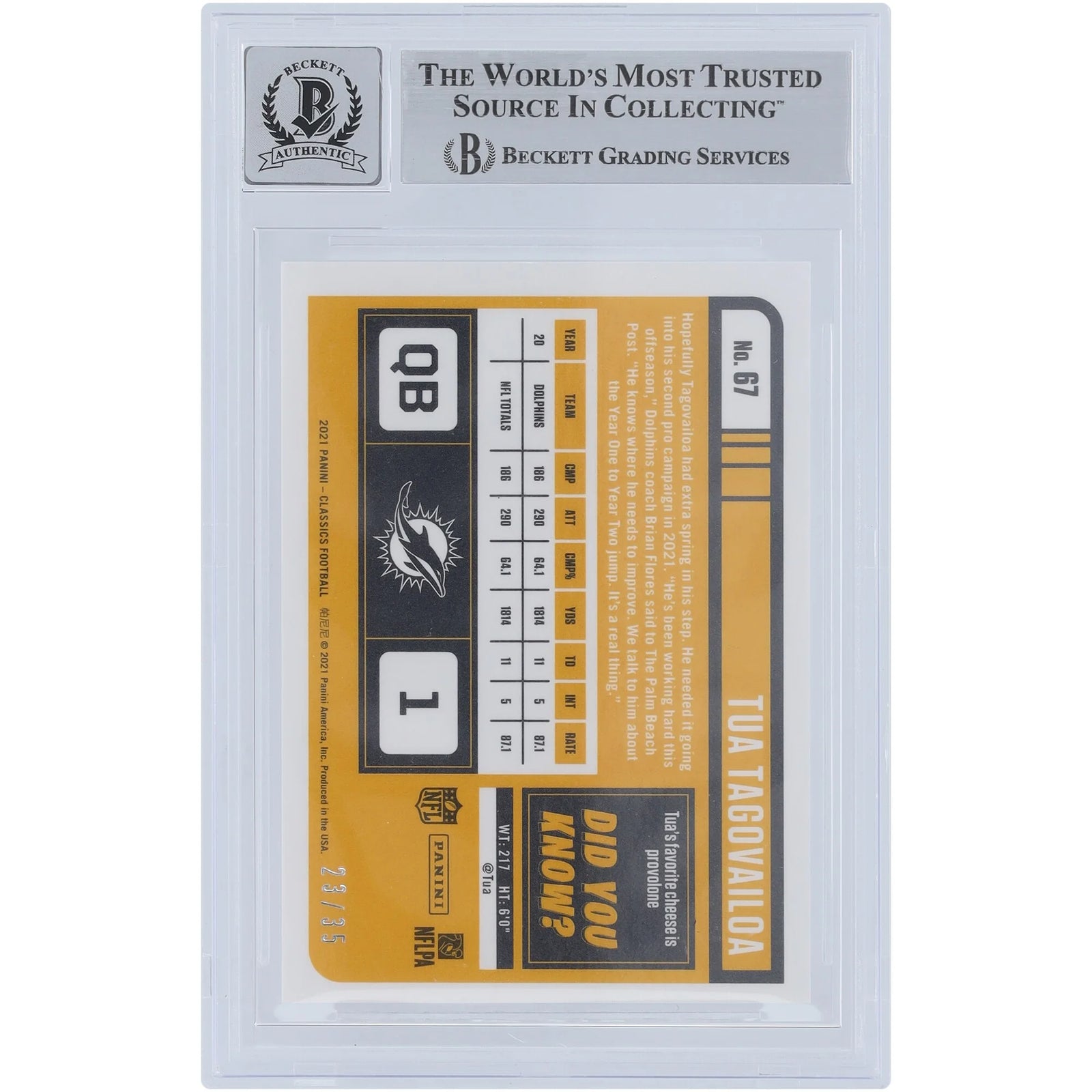 Tua Tagovailoa Signed 2021 Panini Classic Purple #67 Card | Beckett 10 #/35