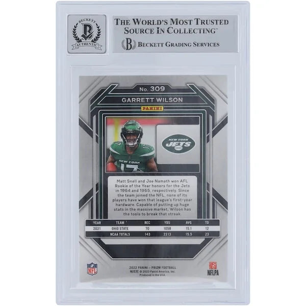 Garrett Wilson Signed 2022 Panini Prizm Green Ink #309 Rookie Card | Beckett Graded 10